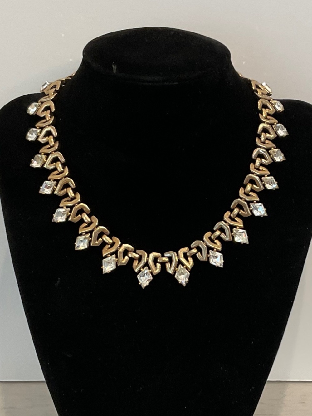 Vintage Trifari Pat Pending Gold Crystal Statement Necklace “Queen of Diamonds"